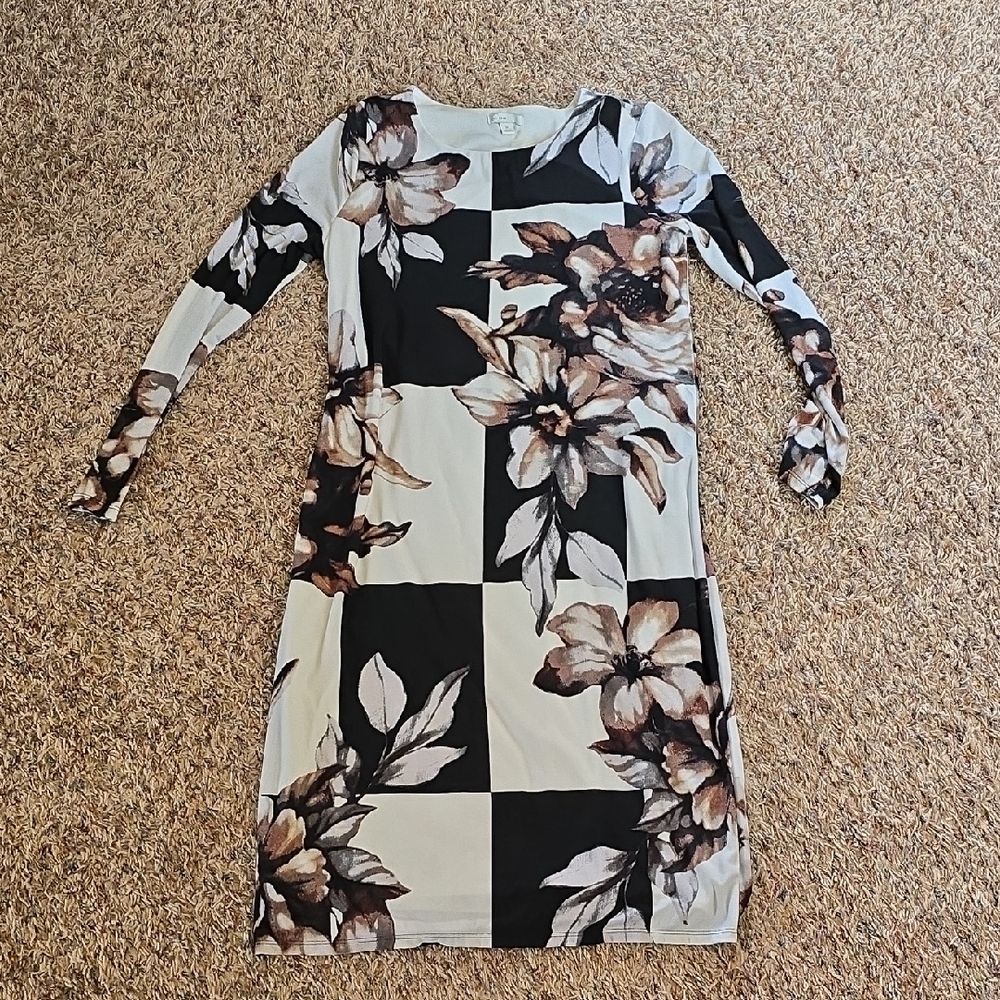 Chic Floral Long Sleeve Dress - Black and Brown